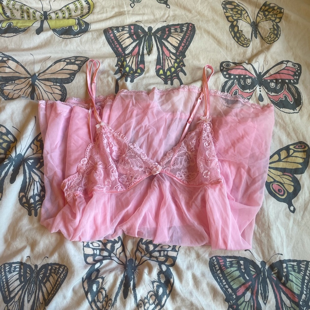 Betsey Johnson vintage pink lace rose babydoll nightgown sheer scene gyaru Y2K